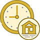 The image features two icons on the left, there s an illustration of a clock with a time of 3 15, and on the right, there s a stylized depiction of a house with a door and windows, indicating a residential property. Both icons are encapsulated within circular frames.