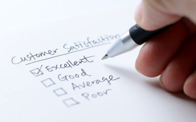 The image shows a hand holding a pen over a piece of paper with the words customer satisfaction written on it, accompanied by a list of criteria such as excellent, good, average, poor, and very poor.